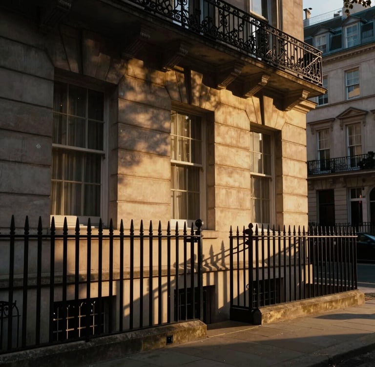 Dramatic low-key 35mm photo of a historic London stone facade in Mayfair, warm golden-hour light reflecting off black iron gates, deep shadows, editorial luxury