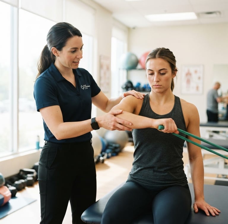 Bright editorial photography of a physical therapist guiding a patient through a precise shoulder rehabilitation exercise in a clean clinical space, natural diffused daylight, shallow depth of field