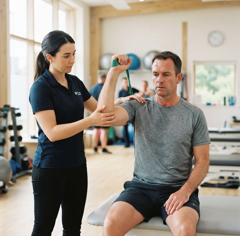 A professional physical therapist in a bright modern clinic guiding a patient through precise shoulder rehabilitation movements, diffused daylight, shallow depth of field, 35mm