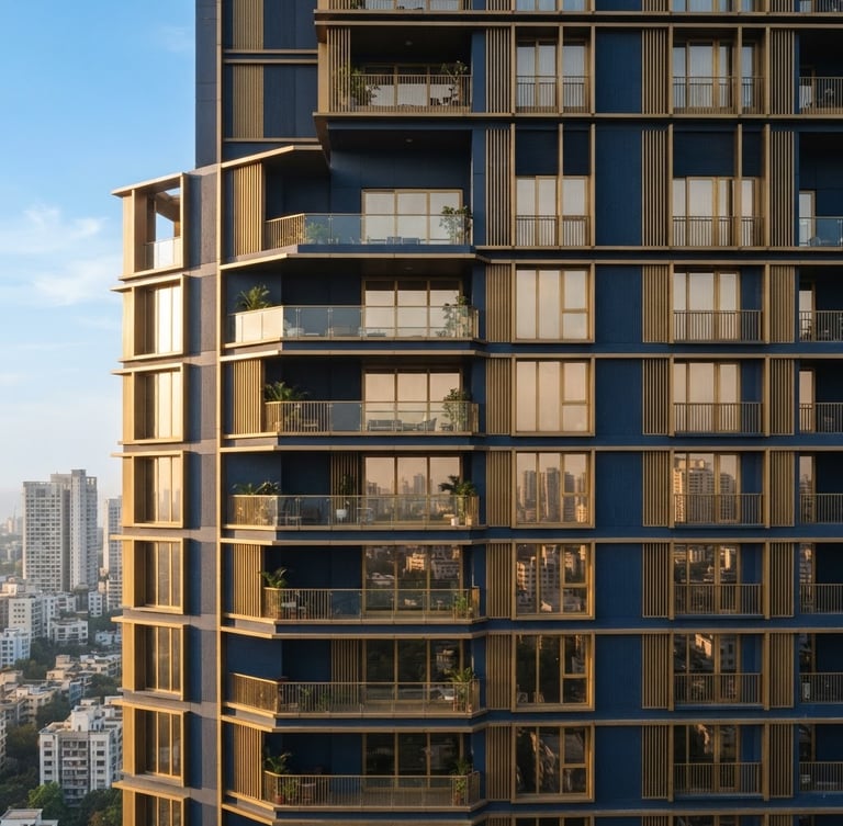 Crisp architectural detail of a modern high-rise residential building facade in Mumbai, warm brass accents on windows, sharp focus, morning light