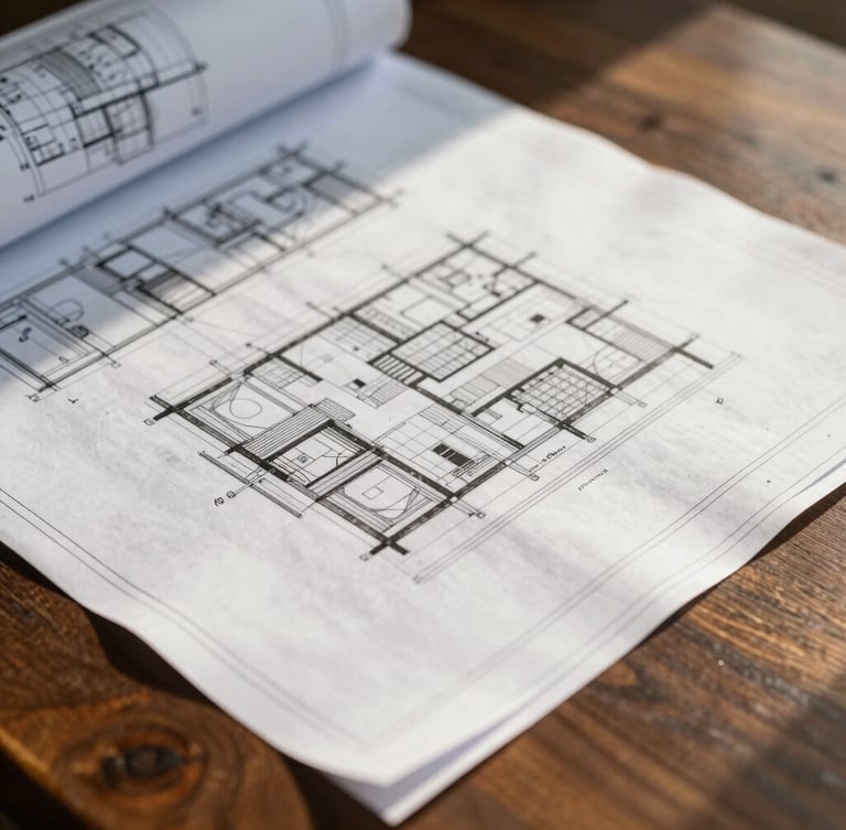 Close-up of official municipal blueprints and structural engineering documents on a dark wooden table, warm sunlight casting soft shadows, professional atmosphere