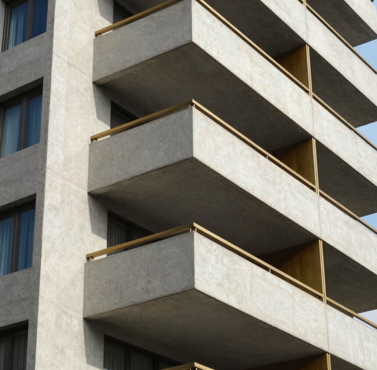 A close-up architectural shot of a modern residential building facade in Borivali, showing clean concrete lines and warm brass balcony accents under bright daylight, 35mm
