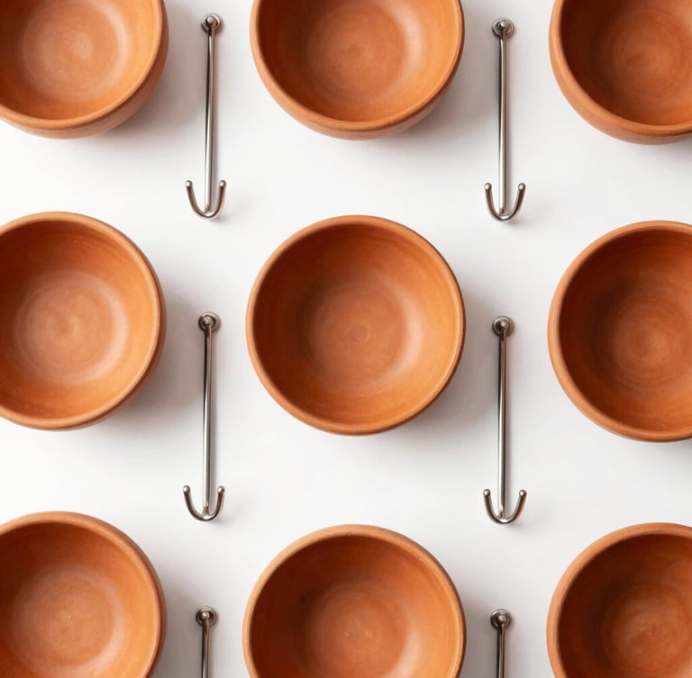 Top-down flatlay of terracotta ceramic bowls and heavy-duty steel storage hooks on a clean white backdrop, bright high-key studio lighting, sharp focus