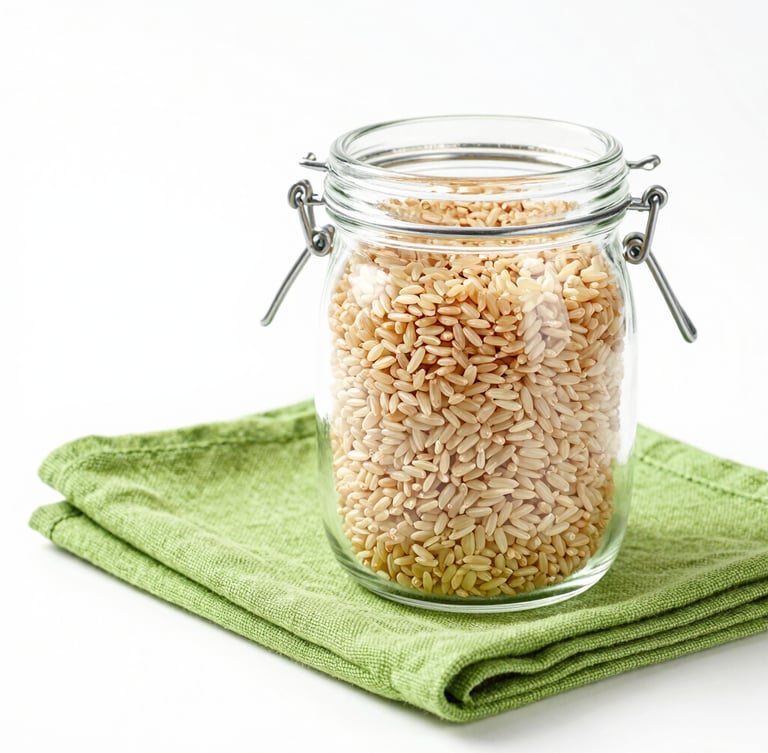 Bright high-key product photography of a clean glass jar filled with organic brown rice next to a modern green linen napkin, crisp white backdrop, sharp focus, 50mm lens