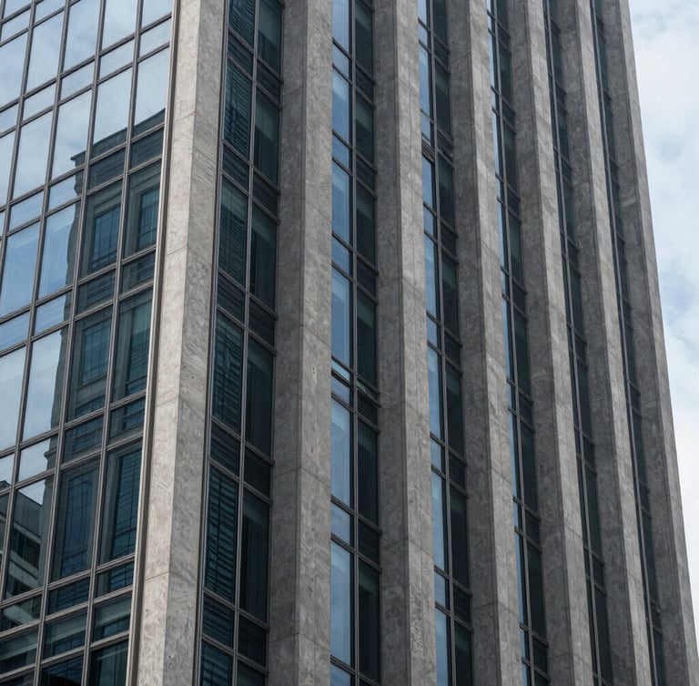 Sleek modern architectural detail of a financial district skyscraper, sharp concrete and glass angles, cool-toned daylight with deep slate shadows, 35mm photography