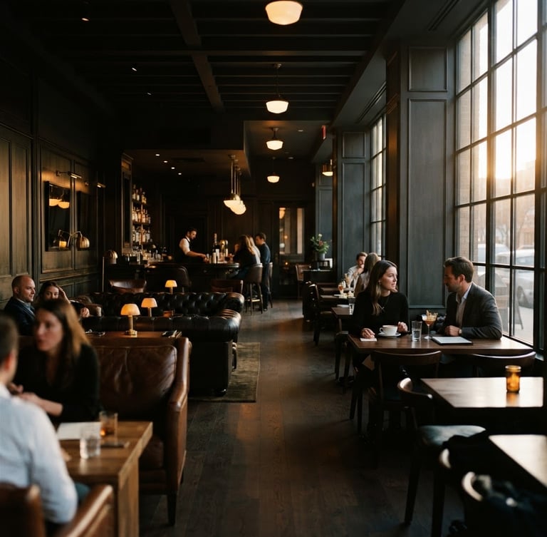 Wide shot of a luxurious cafe interior transitioning into a lounge, featuring dark wood, rich leather seating, and subtle gold accents, illuminated by warm golden hour light from large windows on the right, shallow depth of field, moody editorial photography.