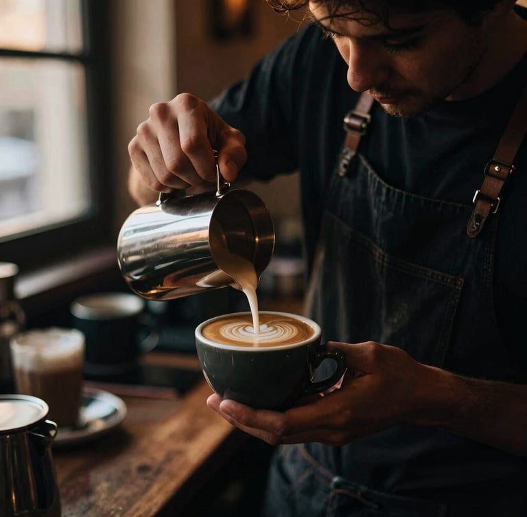 Portrait-oriented, moody editorial photograph of a barista's hands expertly pouring latte art into a ceramic cup, warm golden hour light streaming from a window, shallow depth of field, rich espresso brown tones, 35mm film