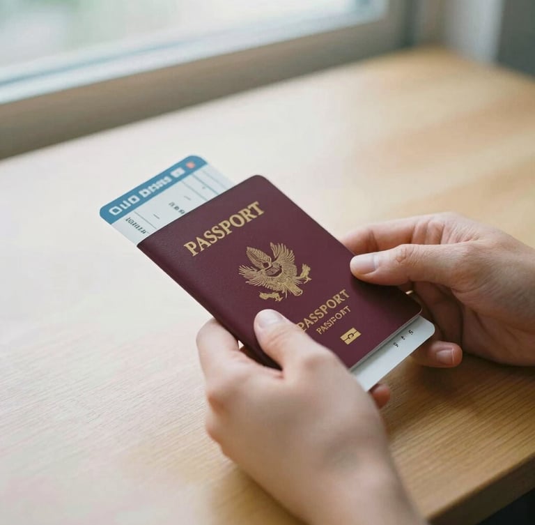 Close-up of hands holding a passport and boarding pass over a clean wooden table, soft overcast daylight, shallow depth of field, 35mm film aesthetic.