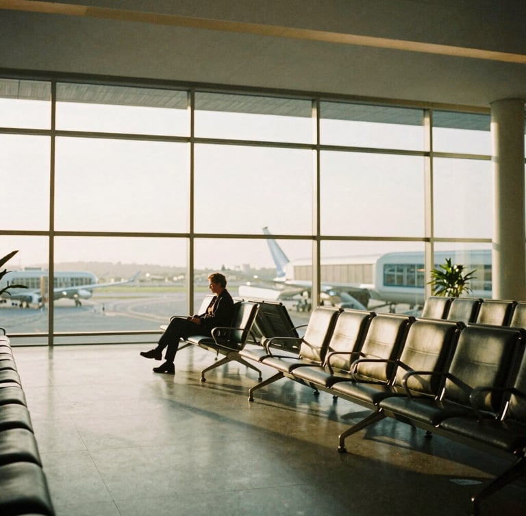 Wide panoramic shot of a quiet, luxurious airport lounge at golden hour, soft light streaming through massive glass windows, a single traveler sitting peacefully in the distance, negative space on the left, 35mm film aesthetic, warm editorial photography.
