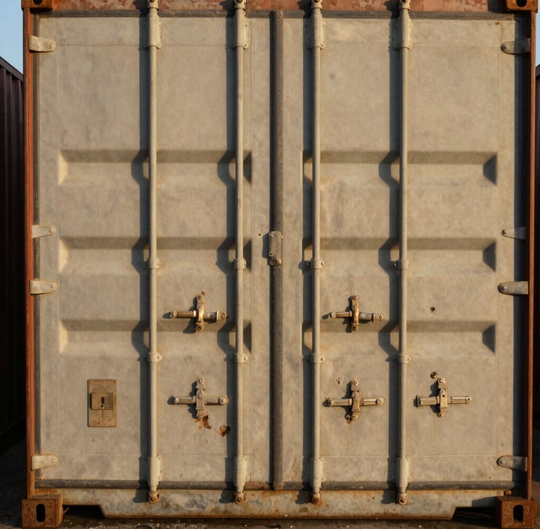 Close-up of secured shipping containers with heavy metal locks, industrial morning light, sharp details, rich saturated tones