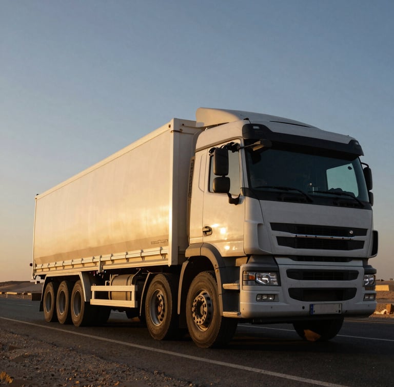 Low-angle heroic shot of a commercial freight truck on an Egyptian desert highway under dramatic morning light, high-contrast sharp industrial photography
