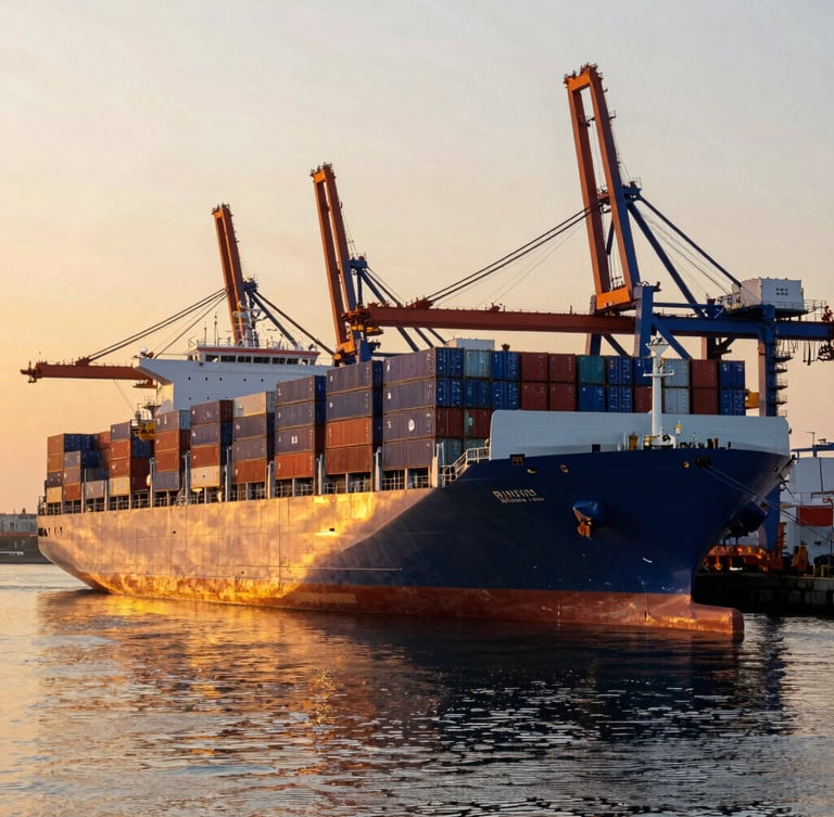 A sharp wide-angle industrial photograph of a massive container ship docked at Alexandria port during golden hour, rich saturated sunset tones reflecting off the water, stacks of blue and red shipping containers, heavy cranes in the background.