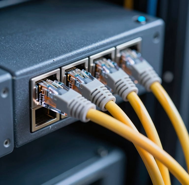 Macro close-up of category-6 ethernet cabling neatly routed into a high-capacity switch, cool technical lighting, sharp focus, 35mm