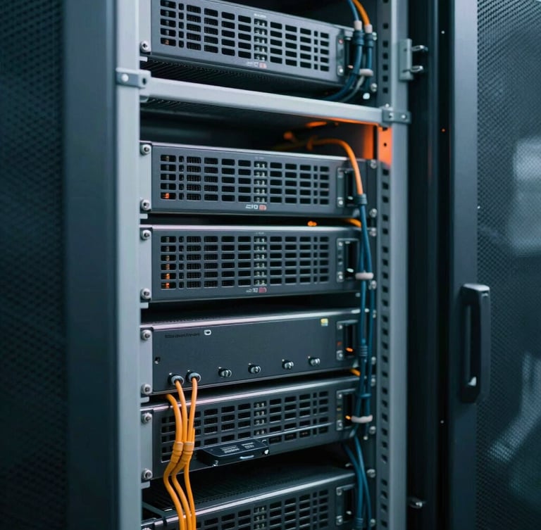 Portrait orientation, close-up of neatly organized server racks with immaculate cabling, cool crisp technical lighting, subtle orange glow, 35mm
