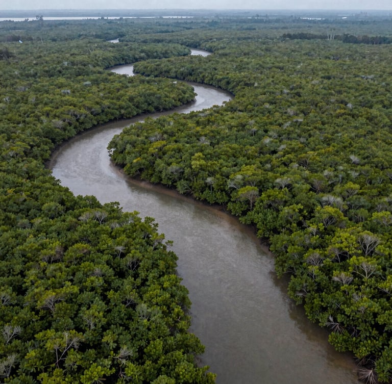 A high-altitude drone mapping shot of winding tidal channels cutting through dense mangrove forests in West Kalimantan, overcast morning light.