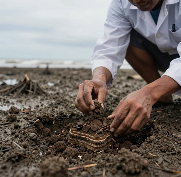 A researcher in West Kalimantan taking a soil core sample from deep within the dark mangrove mud, overcast coastal light, macro shot of sediment layers.