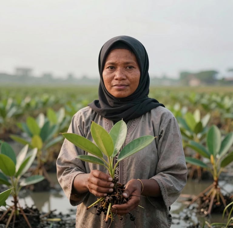 Documentary portrait of a West Kalimantan community nursery worker handling mangrove seedlings in a coastal nursery, soft overcast morning light, shallow depth of field.