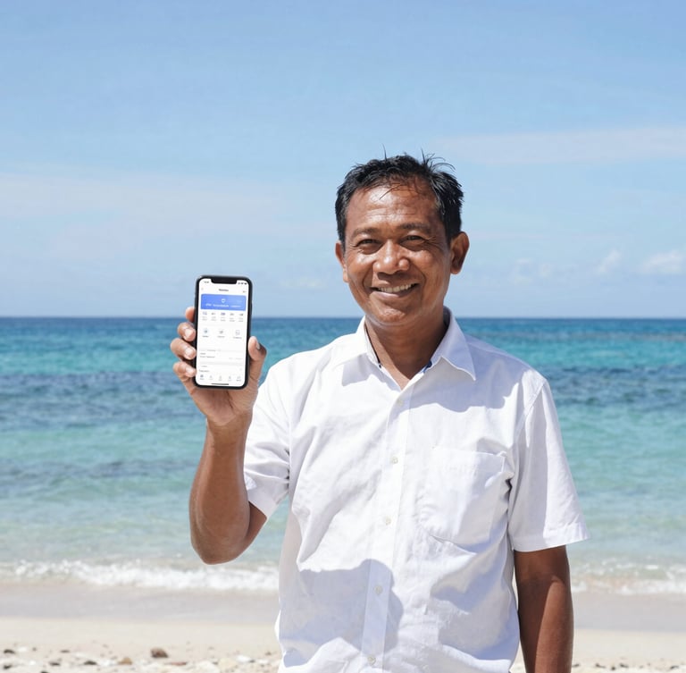 A local Papuan business owner smiling in a bright, sunlit coastal market in Sorong, holding a smartphone showing a clean app interface, 35mm editorial photography