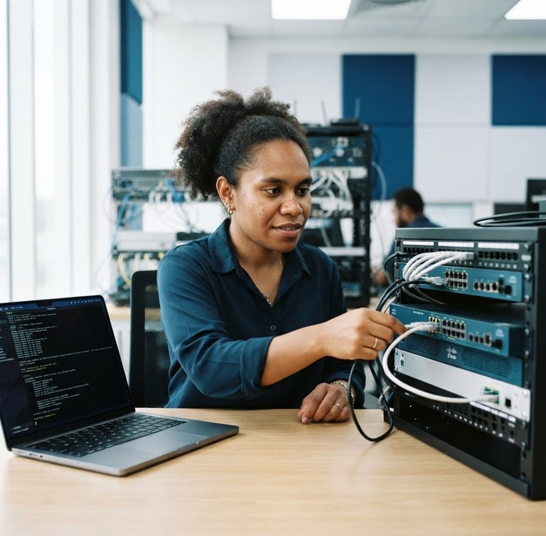 Medium portrait of a Papuan tech professional working with network routers and modern laptops in a bright studio, deep sea blue tones, clean composition