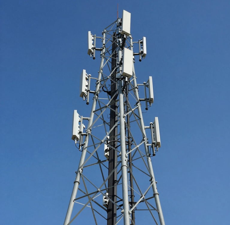 Low-angle heroic shot of a tall telecom transmission tower against a clear blue sky, sharp focus, professional industrial photography
