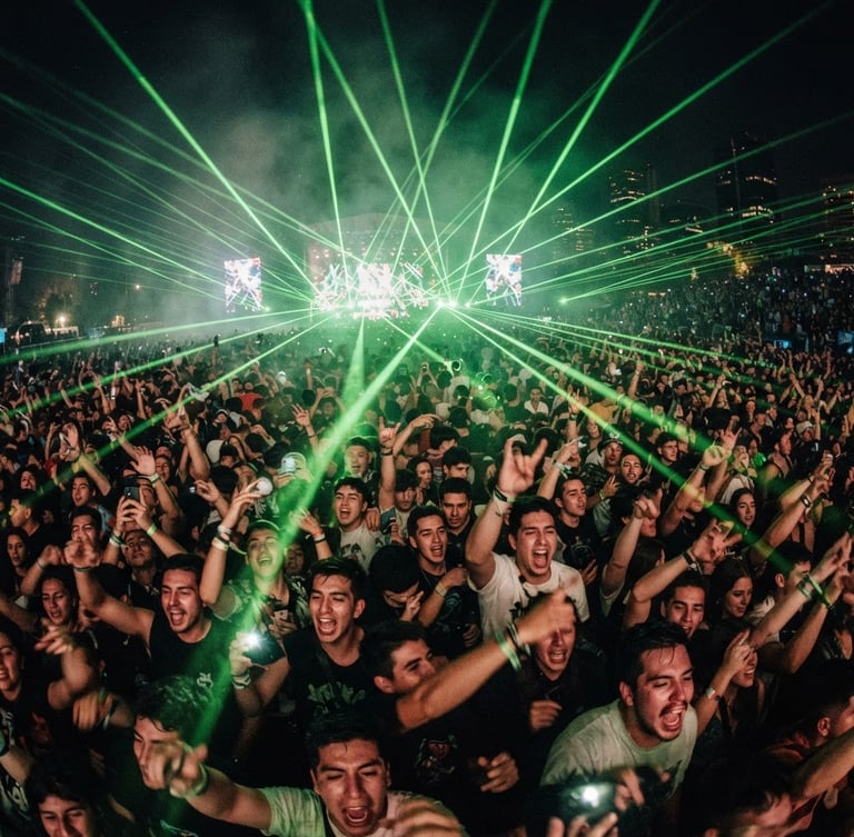 Extreme wide-angle shot of a massive crowd in Santiago under green laser beams, dust and smoke in the air, ecstatic faces, concert photography style