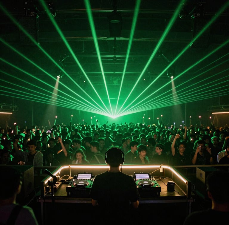 Dynamic vertical portrait of a DJ performing behind a futuristic glowing booth, surrounded by dense green laser beams and strobe lights, massive crowd blurred in the background