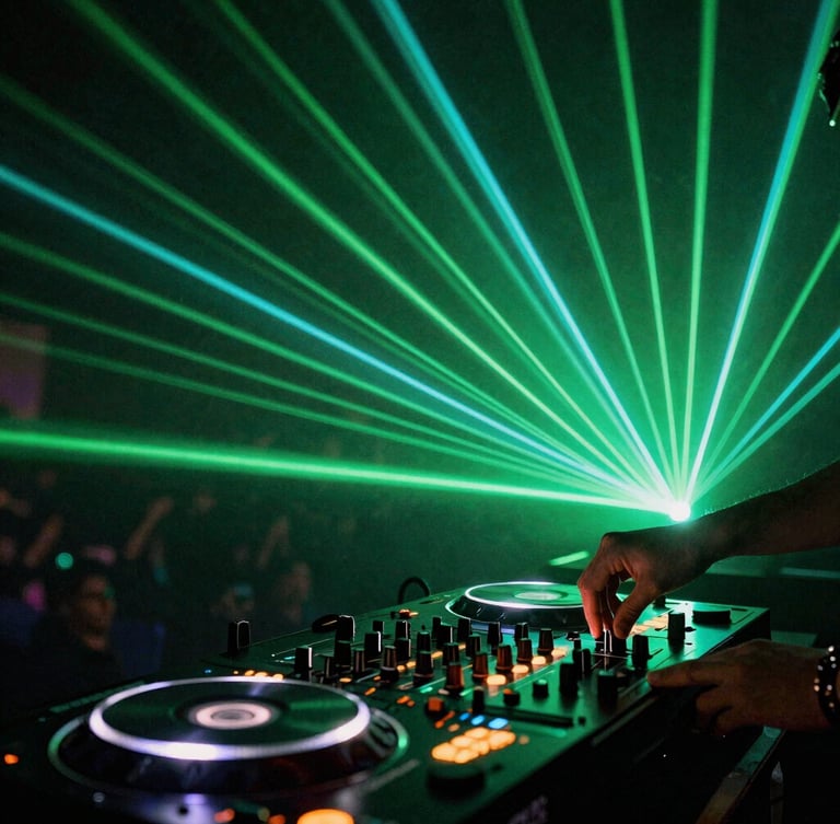 Close-up of a professional DJ controller under neon green and cyan strobe lights, hands adjusting knobs, intense laser beams reflecting on metallic surfaces, dark club atmosphere.