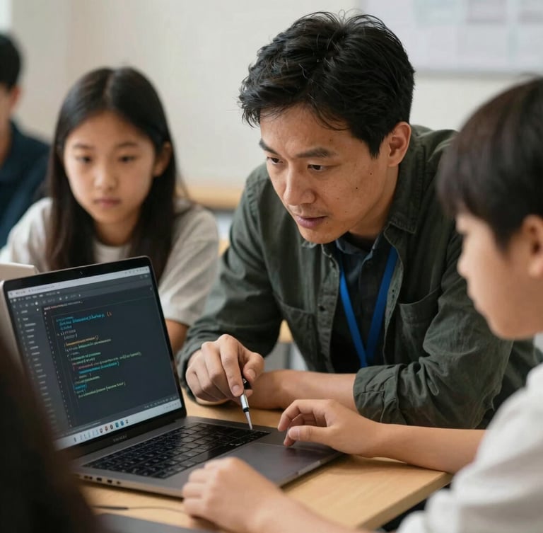 Close-up of hands-on learning, an experienced mentor guiding a local student through a machine learning script on a laptop, warm indoor community space lighting.