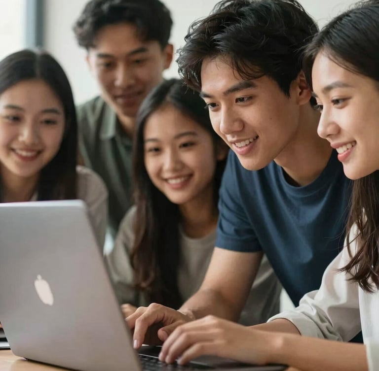 Close-up of a diverse group of students collaborating over a laptop screen, natural lighting, genuine expressions.