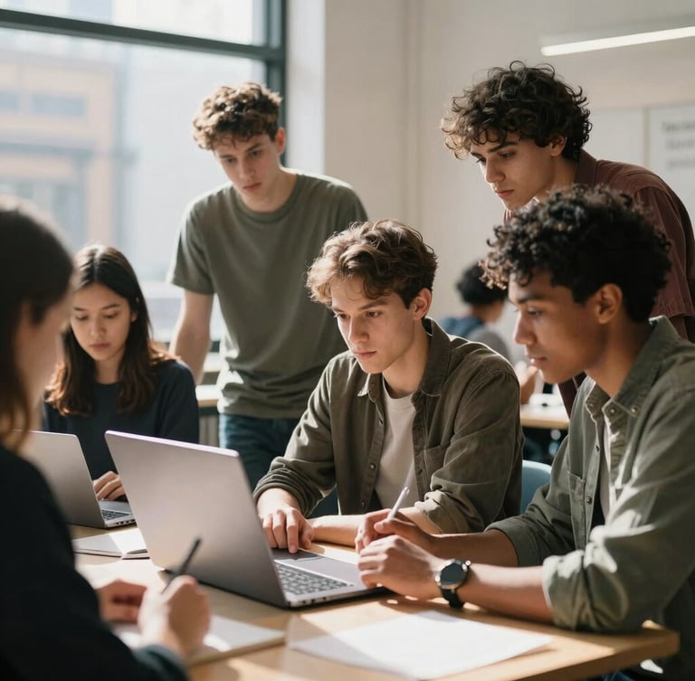 A diverse group of young adult students collaborating over a laptop in a bright, modern East London community space, natural daylight streaming in.