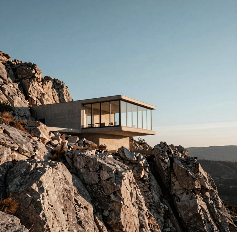 Wide panoramic shot of a raw concrete and glass pavilion nestled in a rugged cliffside, low-angle evening sun casting long dramatic shadows, expansive sky
