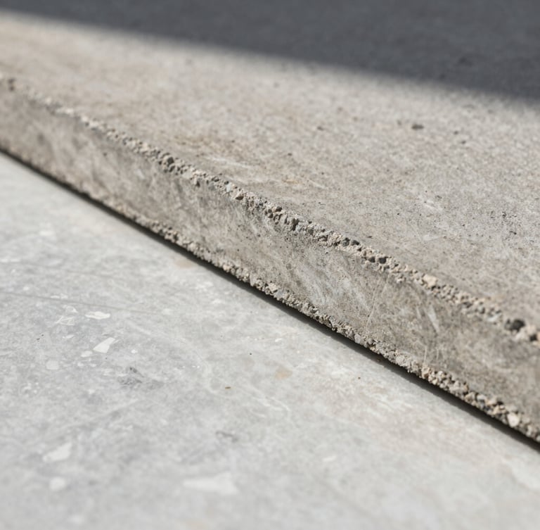 Extreme close-up of raw board-formed concrete meeting a honed travertine slab, natural low-angle morning light casting long soft shadows, emphasizing material texture.