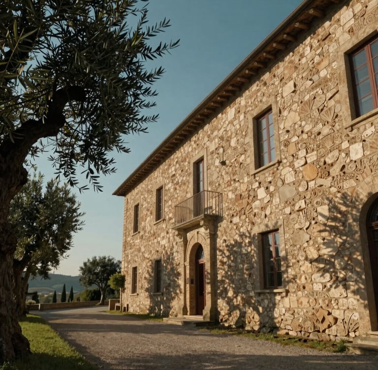 Cinematic wide-angle shot of a 17th-century stone estate in Tuscany, low-angle morning light casting long shadows across hand-carved limestone walls, ancient olive trees framing the left third.