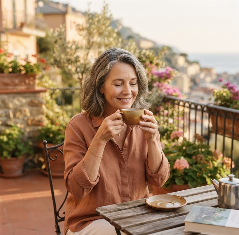 Mujer de mediana edad en un balcón soleado, bebiendo té de hierbas tranquilamente, con luz natural suave, tonos cálidos y poca profundidad de campo, enfoque en el rostro sereno y la taza.