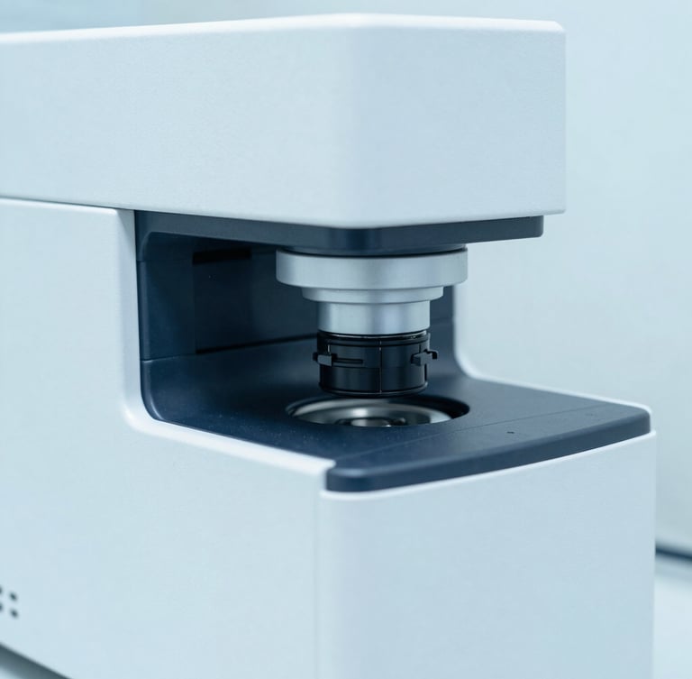 Macro shot of a high-throughput clinical chemistry analyzer, bright clinical lighting, sterile white and soft blue tones, sharp focus