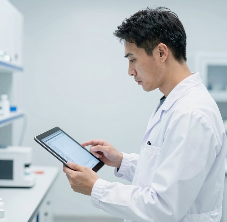 Professional medical pathologist in clean white scrubs standing in a high-key sterile laboratory, holding a secure digital tablet showing clean medical reports, sharp focus.