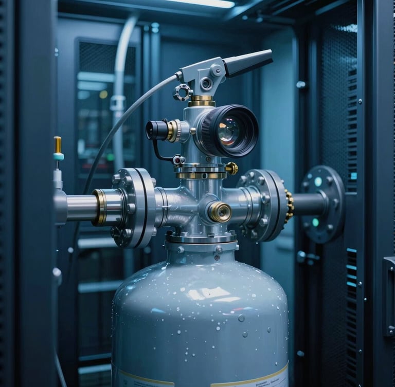 Close-up of a clean agent fire suppression cylinder manifold inside a modern data center, clinical blue lighting