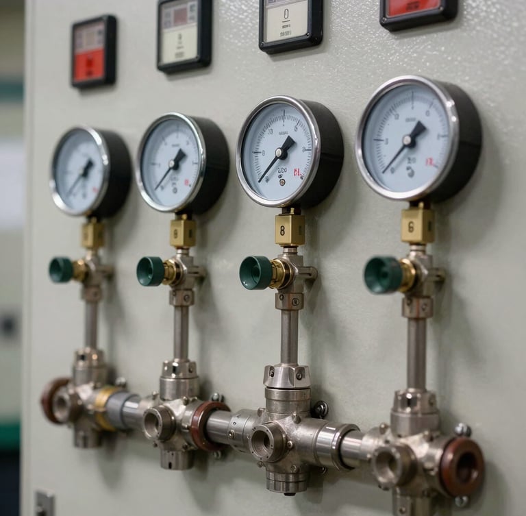 Close-up of industrial fire suppression control panel with steel conduits, precise pressure gauges, and active safety indicators under sharp technical lighting.