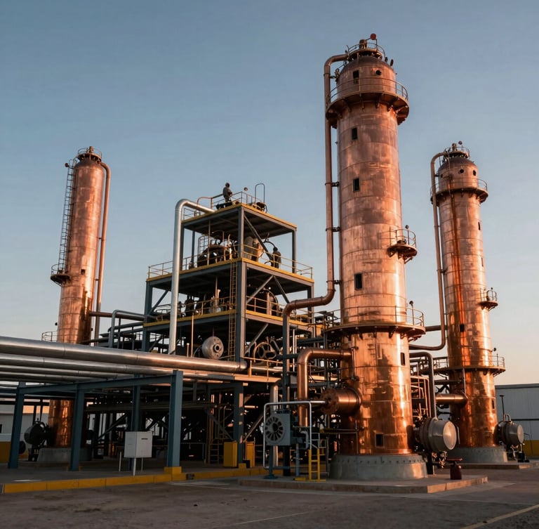 Cinematic wide angle shot of a modern copper processing plant in northern Chile, dramatic high-contrast sunset lighting, steel structures and piping, sharp focus.