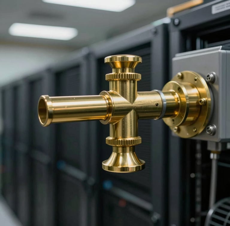 Primer plano técnico de una boquilla de descarga de agente limpio de bronce pulido, instalada en el techo de un centro de datos, iluminación de alto contraste, enfoque nítido.