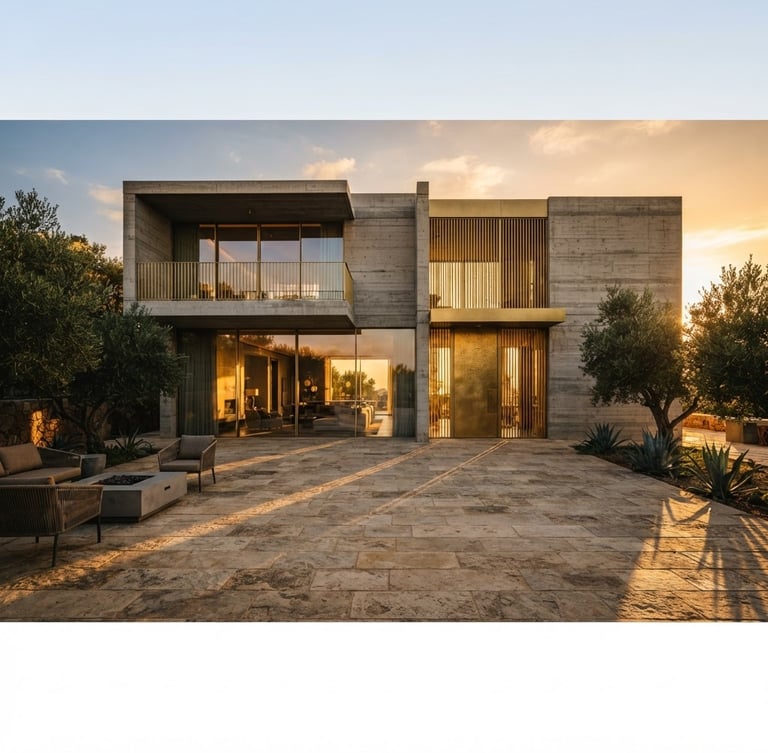 Wide-angle environmental shot of a minimalist concrete and gold-accented villa facade during golden hour, long dramatic shadows stretching across the stone courtyard