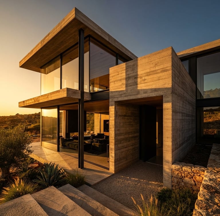 Wide-angle architectural close-up of a minimalist concrete and glass villa at golden hour, dramatic shadows, rich gold tones.