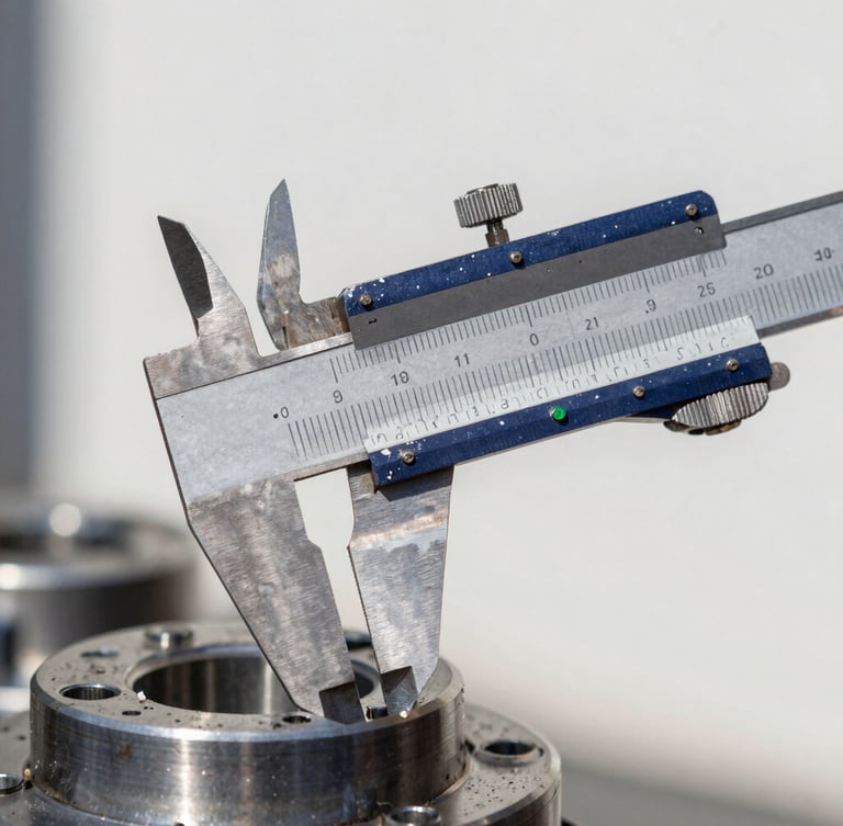 Close-up of industrial calipers measuring a metallic automotive component, green indicator light on, sharp focus, bright daylight, 35mm