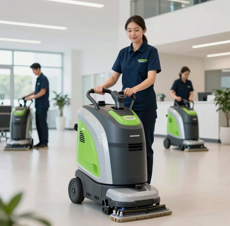 Professional cleaning staff in clean uniforms operating modern floor scrubbing equipment in a bright, spacious corporate lobby, crisp white industrial lighting, navy and green accents, sharp focus, 35mm