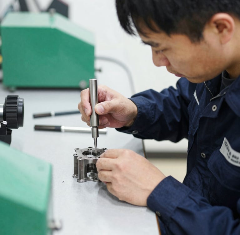 Industrial technician in clean dark uniform performing precision rework on a metal part, bright workspace, high detail, 35mm