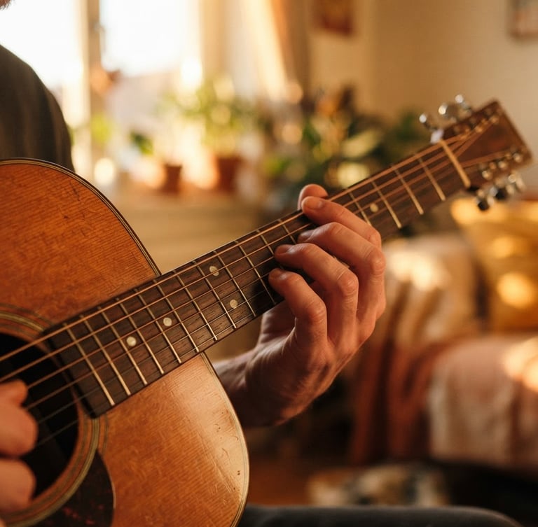 Close-up of hands pressing warm wooden chords on acoustic guitar frets, golden-hour window light, shallow depth of field