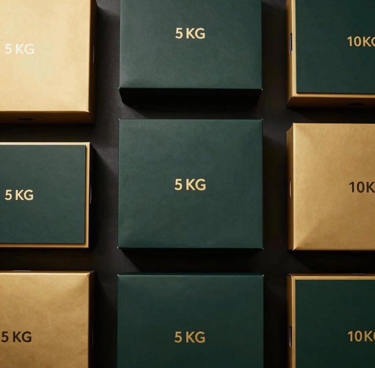 Overhead flat lay of structured black and gold mango gift boxes in 5 KG and 10 KG sizes, clean minimalist arrangement, dark studio background, sharp gold accents