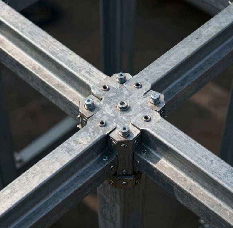 Close architectural overhead view of steel frame structural connections — galvanized steel joints, bolts, and cross-members arranged in precise geometric grid, strong directional light casting sharp shadow lines across the metal surface, graphite tones, technical study angle