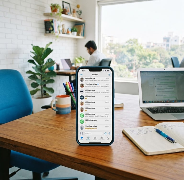 Bright modern workspace in Jabalpur with natural daylight, a smartphone displaying active WhatsApp business chats on a wooden desk, 35mm photography