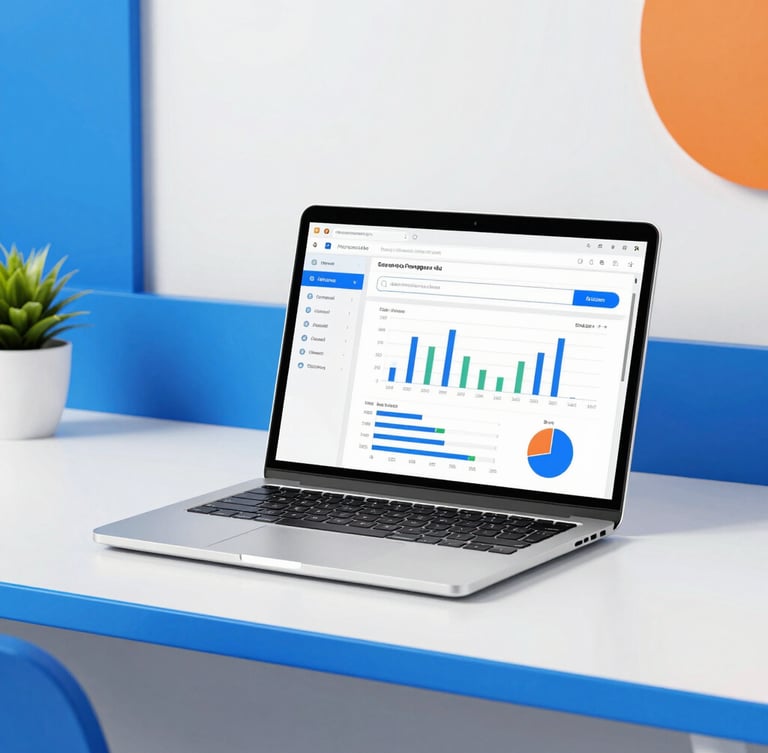 Clean modern workspace with a laptop showing local search analytics graphs, bright high-key lighting, vibrant blue accents, 35mm